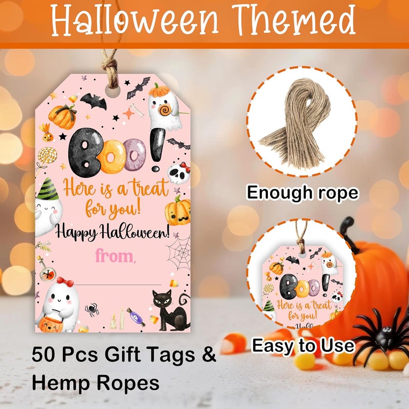 HandEasy 50 Pcs Halloween Tags with String, 2.1"×3.5" Boo Paper Gifts Tags, Pumpkin Trick or Treat for Candy, Ghost Happy Halloween Gifts Tag Wrap for Party Favor - B05 - Image 2
